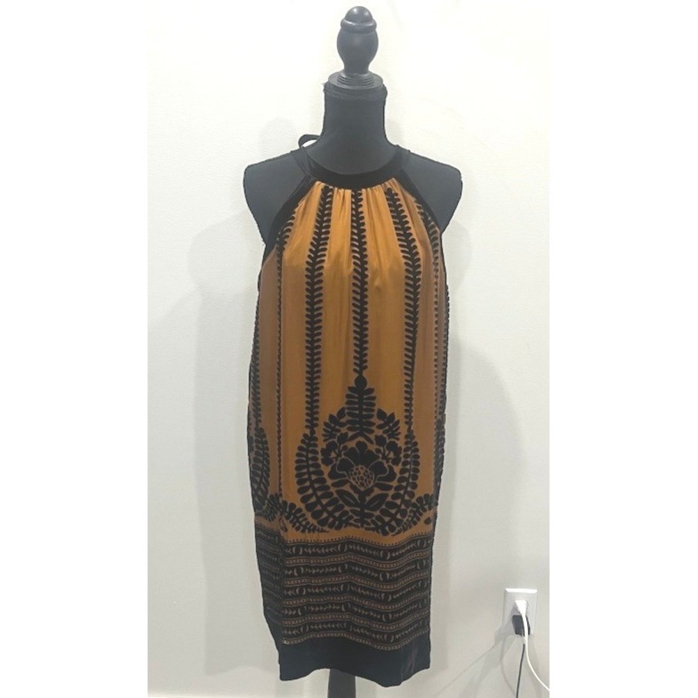 M.S.S.P. Max Studio Silk Blend Halter Shift Dress Black Gold Velvet Flocked Sm